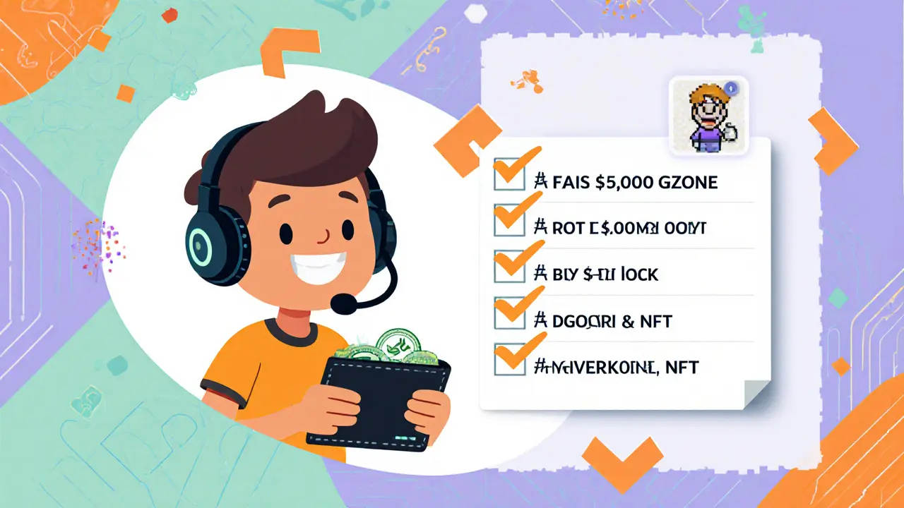 Avatar cartoon préparant l&#039;airdrop : staking, transaction NFT et suivi des annonces, le tout en design Memphis.