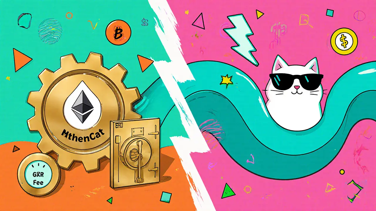 Comparaison cartoon: côté Ethereum avec jeton MOONCAT et frais de gaz, côté Solana avec chat meme rapide.
