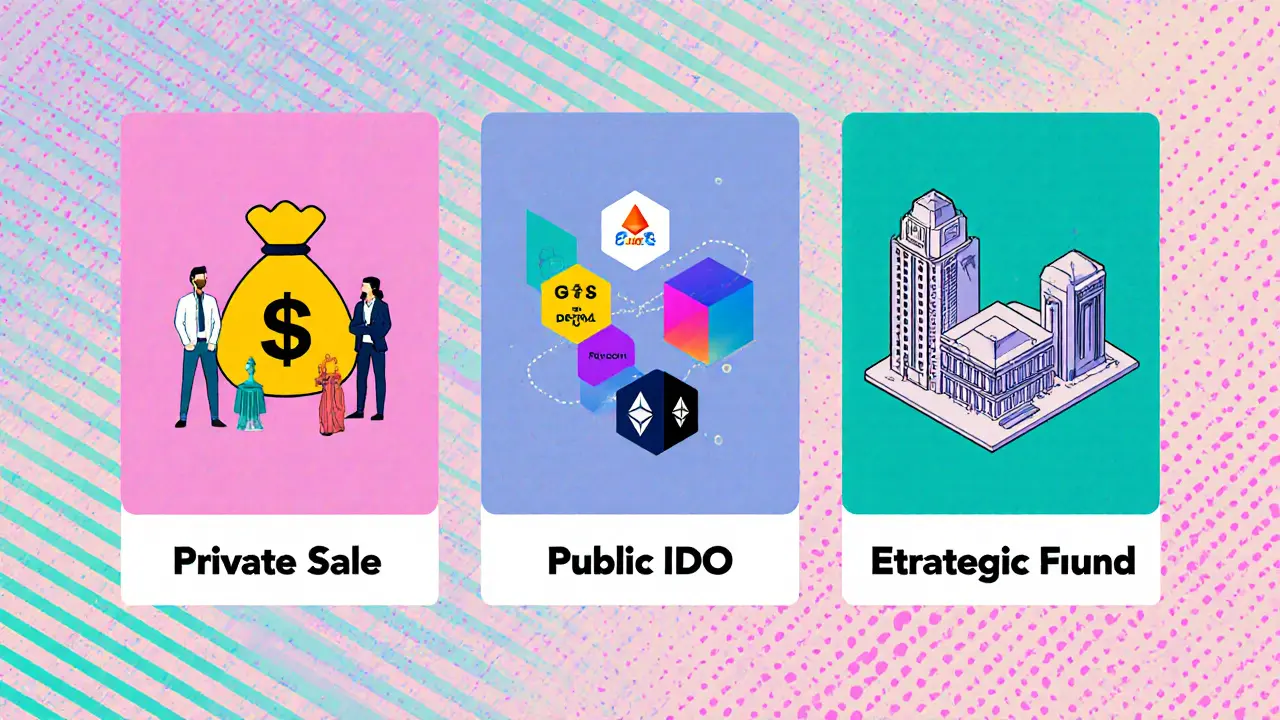 Illustration des trois phases de l&#039;IDO : vente privée, IDO public et tour stratégique, avec symboles de réseaux.