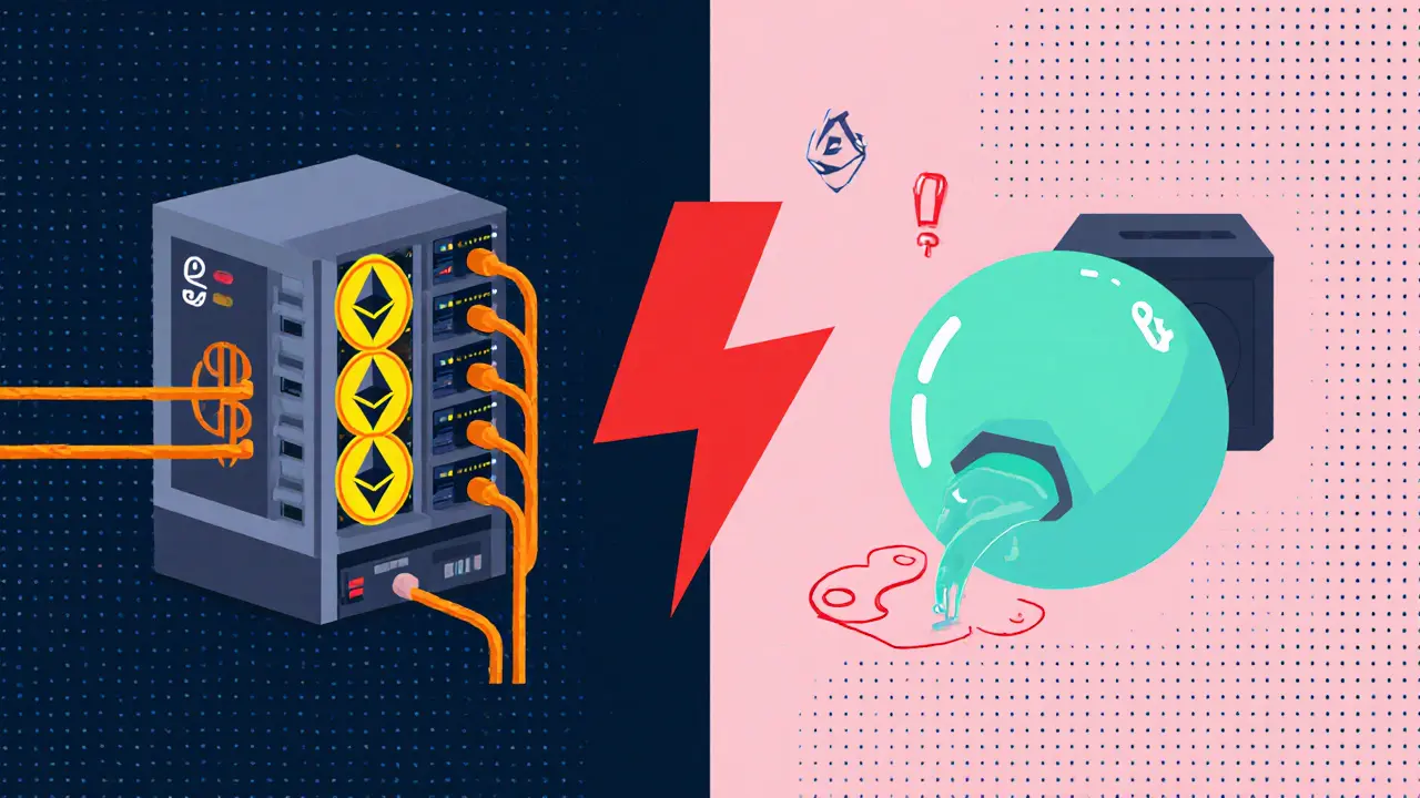 Illustration en deux parties comparant le restaking natif avec le serveur et le restaking liquide avec un jeton fluide.