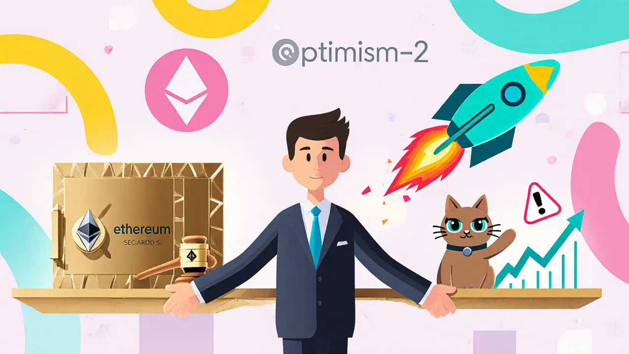 Investisseur tenant une balance entre un coffre Ethereum réglementé et un chat rocket Solana.