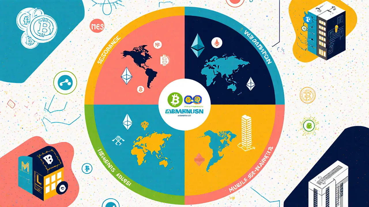Diagramme stylisé en cartoon des piliers de diversification : actifs, géographie, secteurs et fournisseurs.
