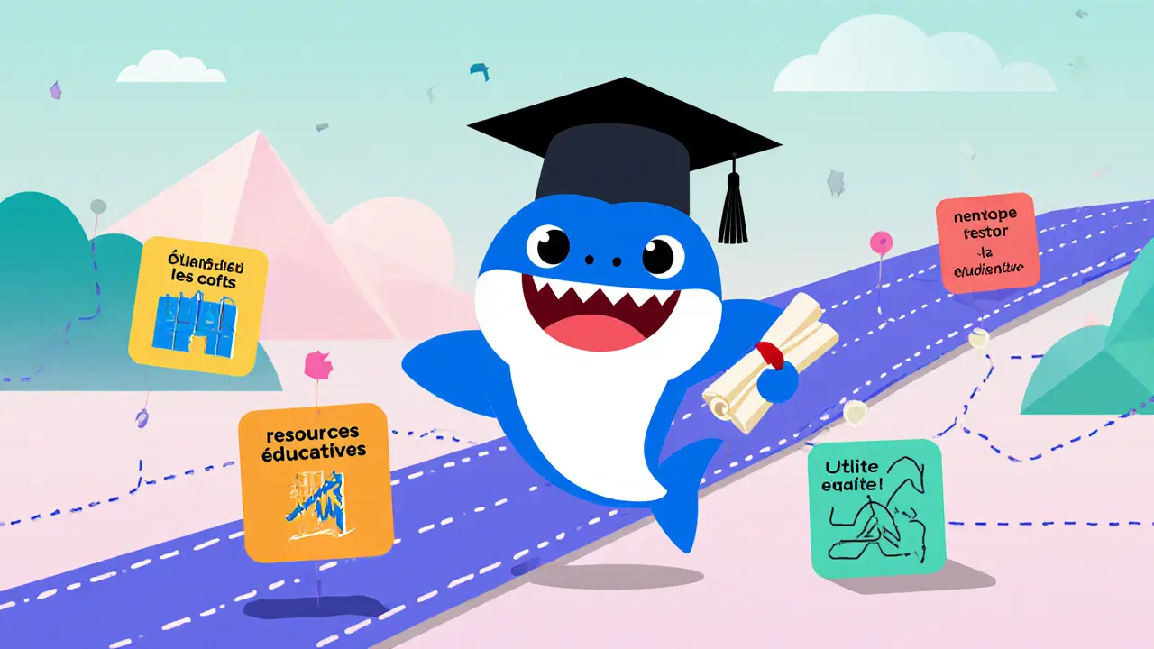 Illustration cartoon des leçons pour les prochains airdrops, avec le Baby Shark en diplômé.