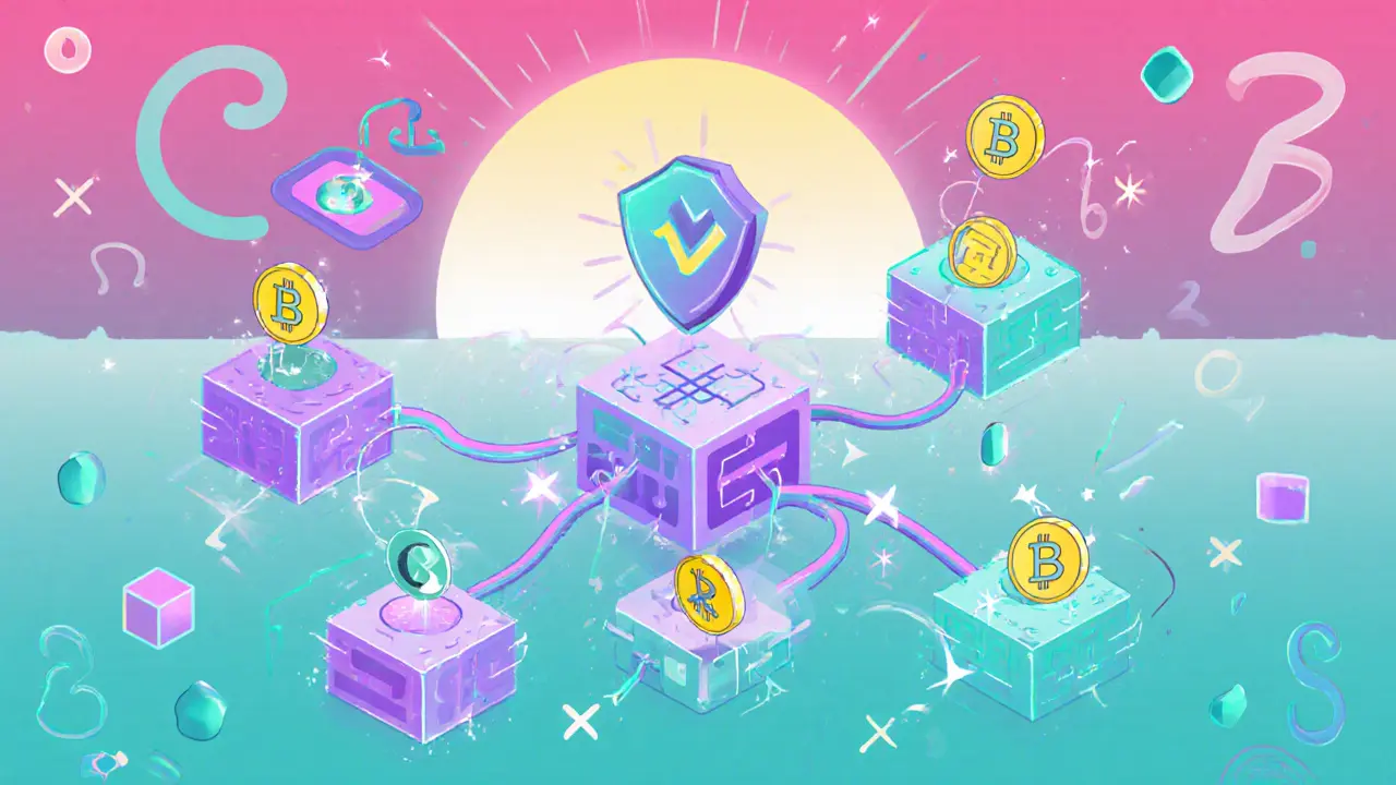 Réseau futuriste de tokens enveloppés circulant entre blockchains avec icônes de sécurité.