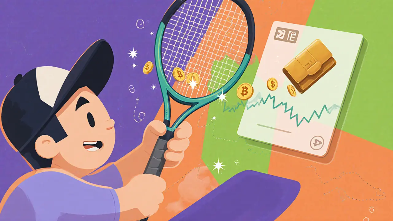 Scène cartoon d&#039;un joueur Benji Bananas gagnant de petits tokens TYBENG après un swing.