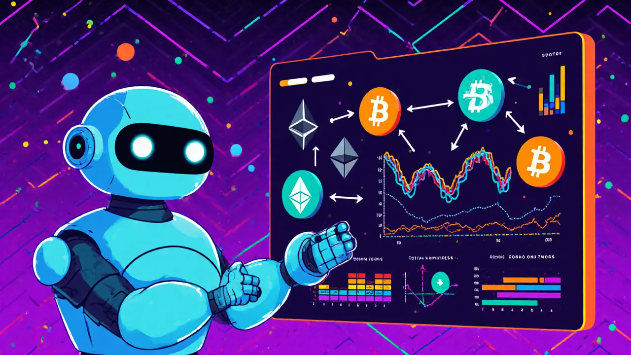 Scène cartoon d’une IA rééquilibrant automatiquement un portefeuille de crypto‑actifs.