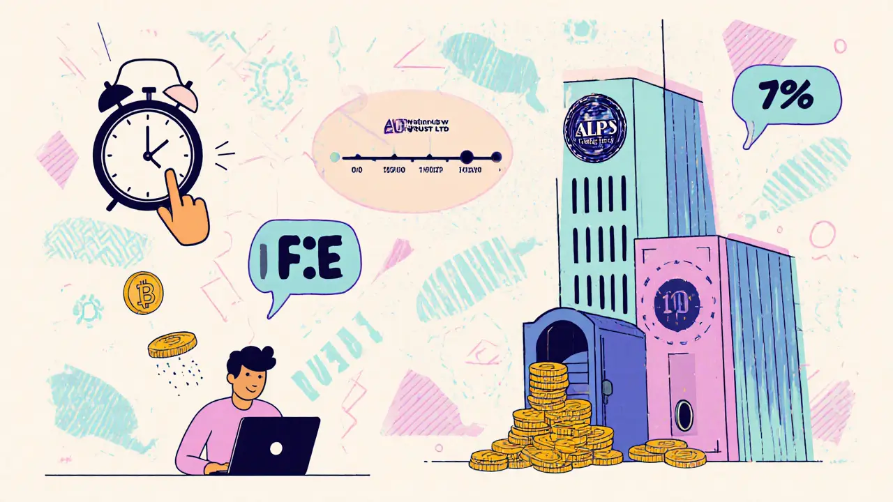 Scène cartoon de retrait urgent pendant la liquidation, avec horloge, ordinateur et bâtiment d'ALPS Trust.