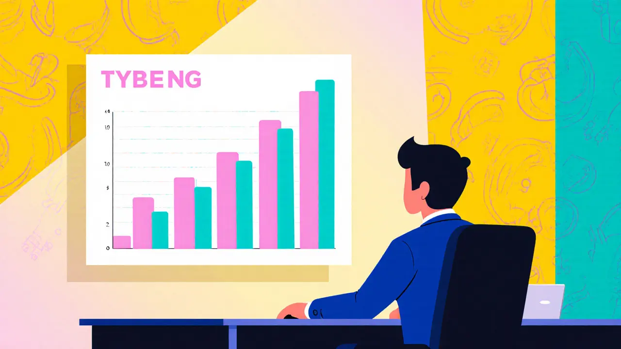 Tableau cartoon d&#039;un investisseur observant un graphique quasi vide représentant le volume de TYBENG.