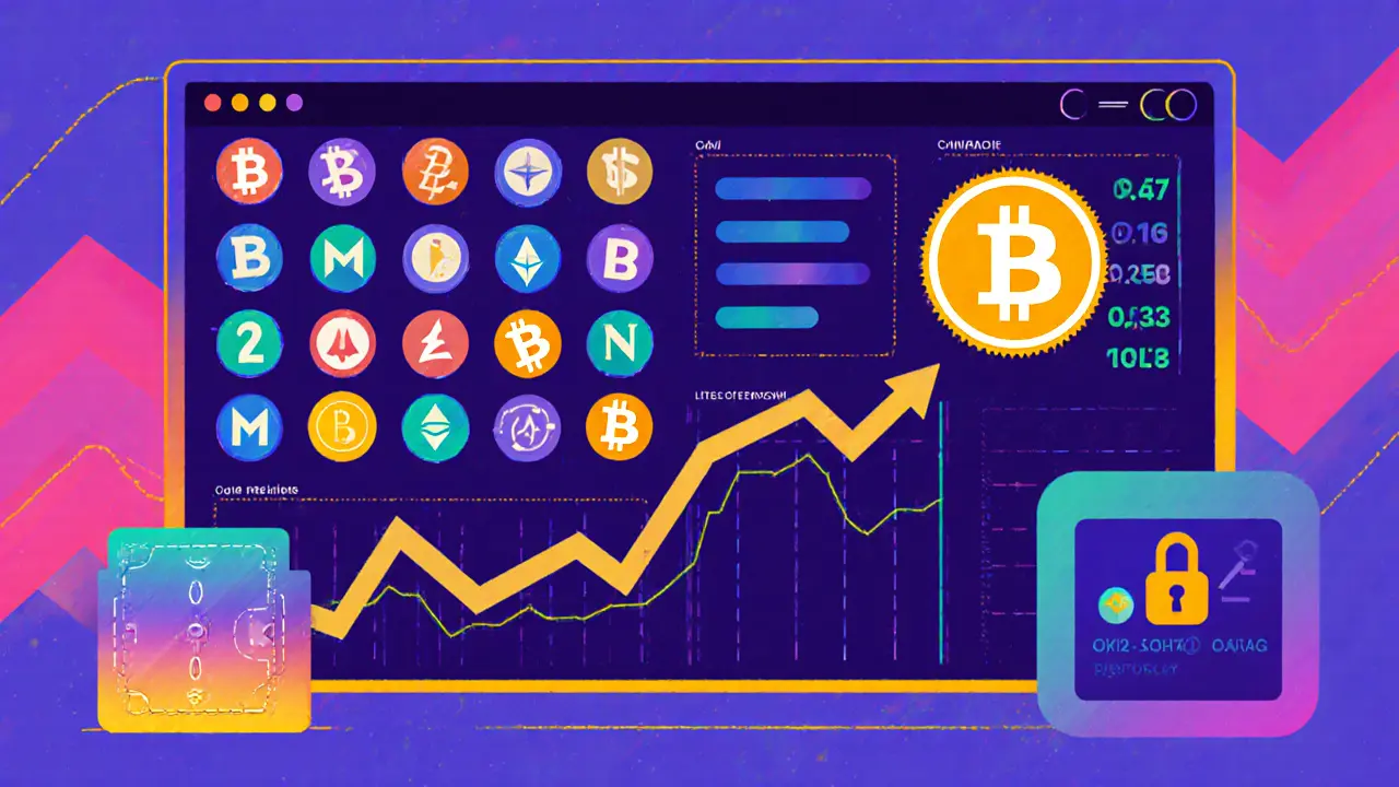 Tableau de trading cartoon avec icônes de cryptomonnaies, badge de frais 0,25 % et coffre froid sécurisé.