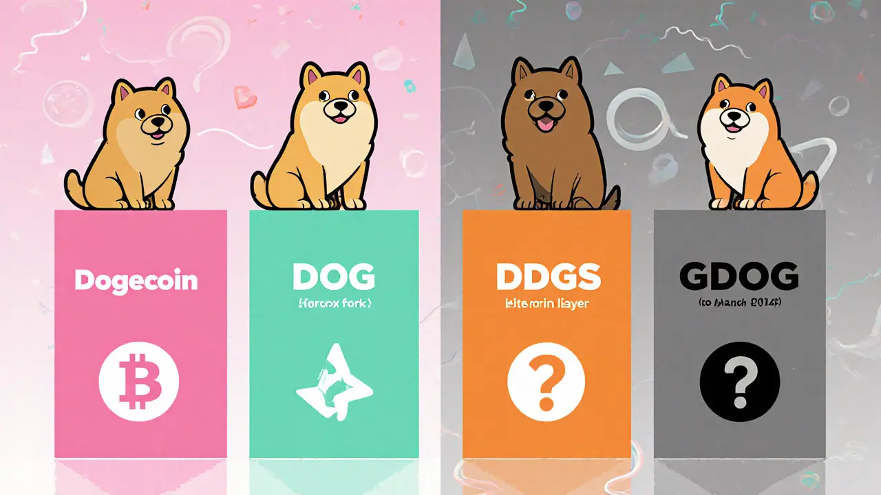 Comparaison de quatre dog‑coins avec mascottes canines sur blocs géométriques colorés, GDOG mystérieux.