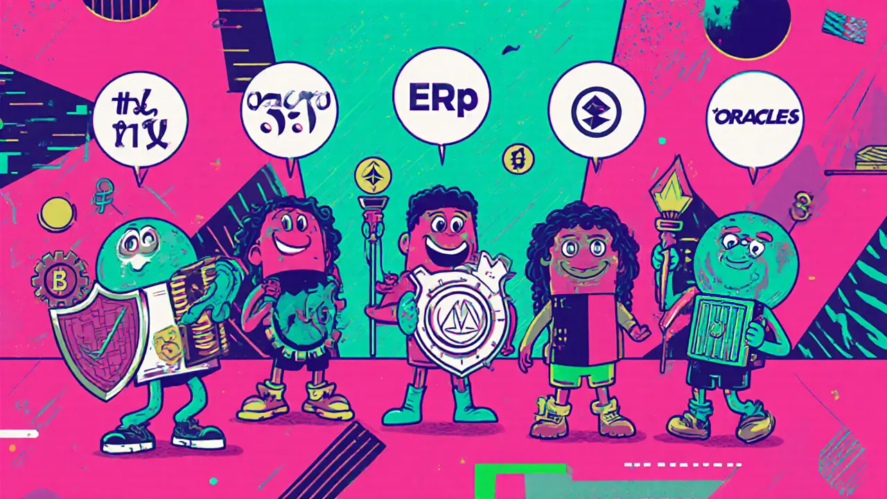 Cinq mascottes représentant IBM, Hyperledger, XDC, Ethereum et TradeLens avec symboles de TPS et ERP.