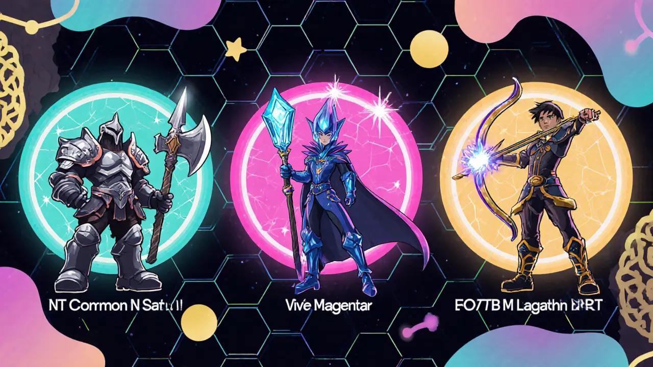 Collection Genesis NFT montrant guerrier, sorcier et archer avec niveaux de rareté.