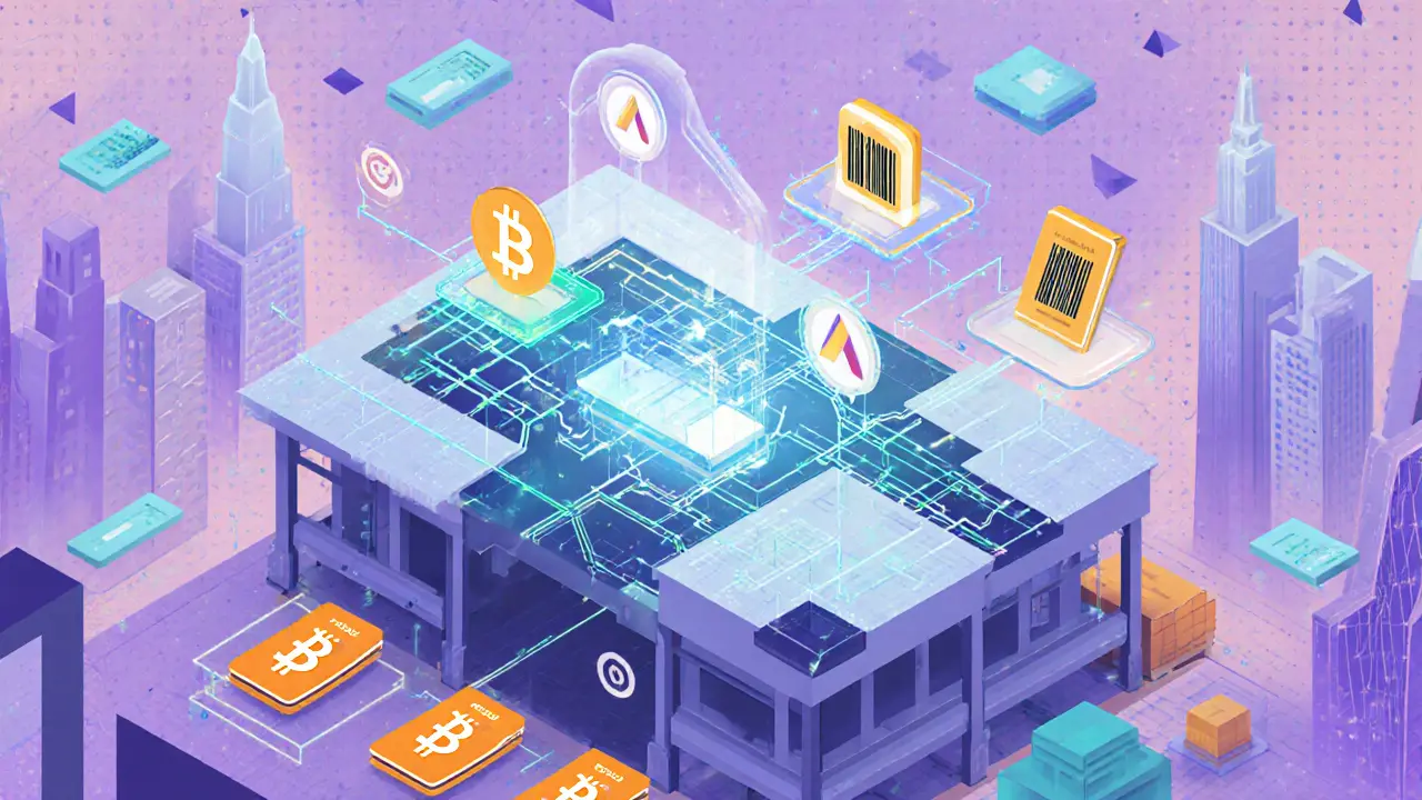 Jumeau numérique futuriste montrant IA, capteurs IoT et passerelles inter‑ledger, style Memphis.