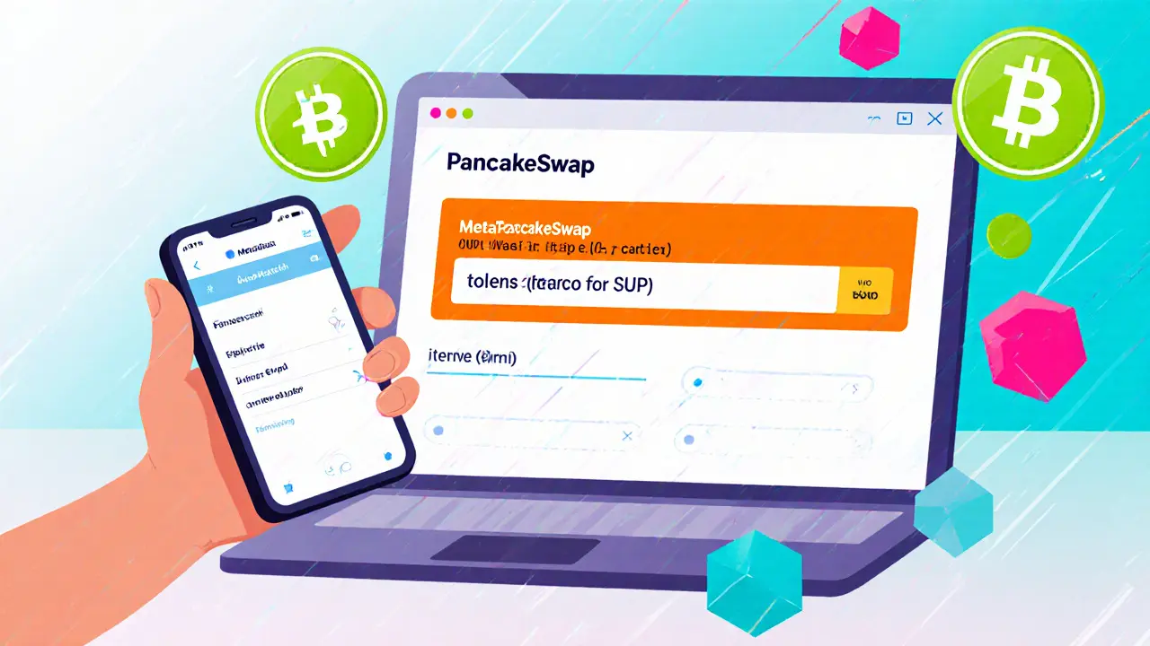 Main tenant un smartphone MetaMask et un ordinateur montrant PancakeSwap pour acheter du SUP.