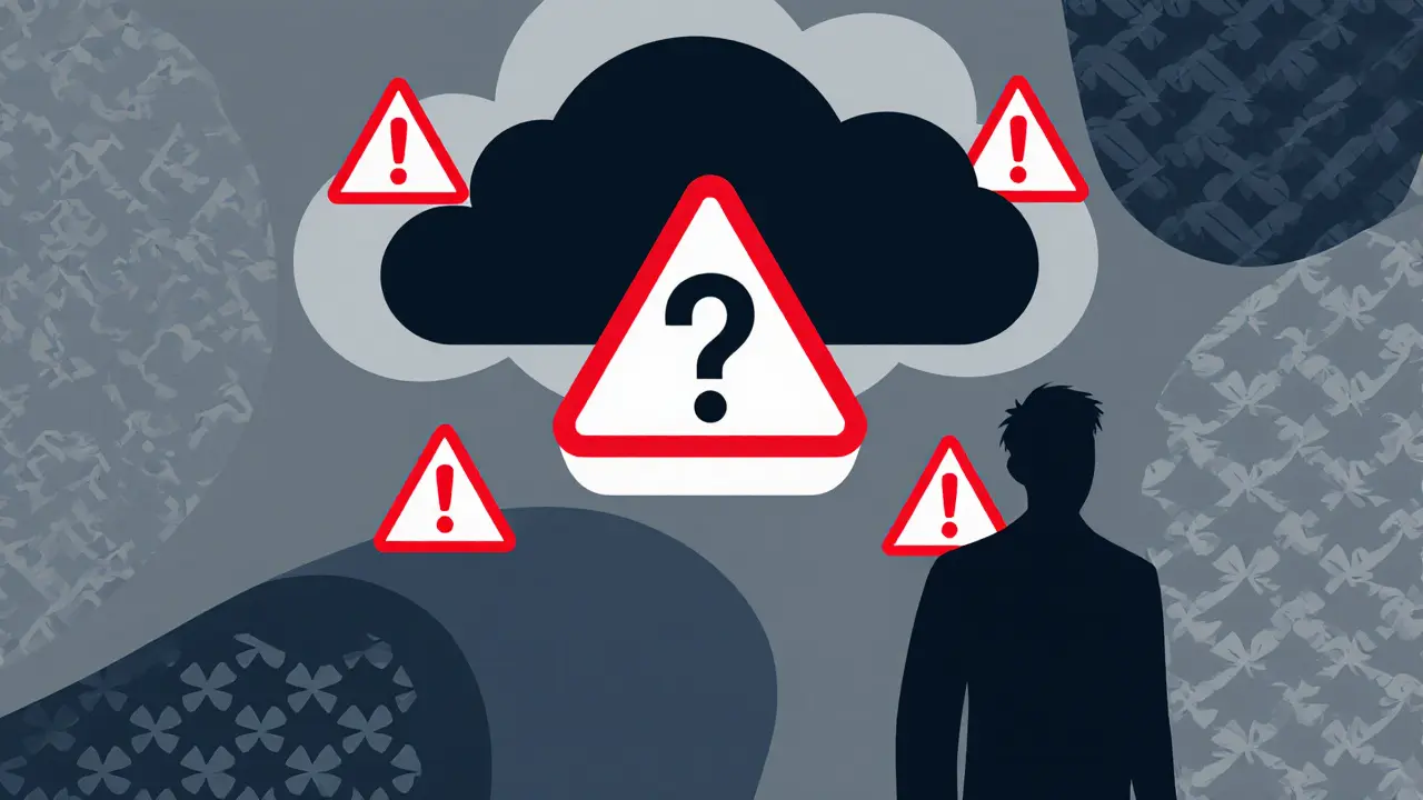 Nuage sombre de points d’interrogation et triangles rouges autour du token SUP, illustrant les risques.