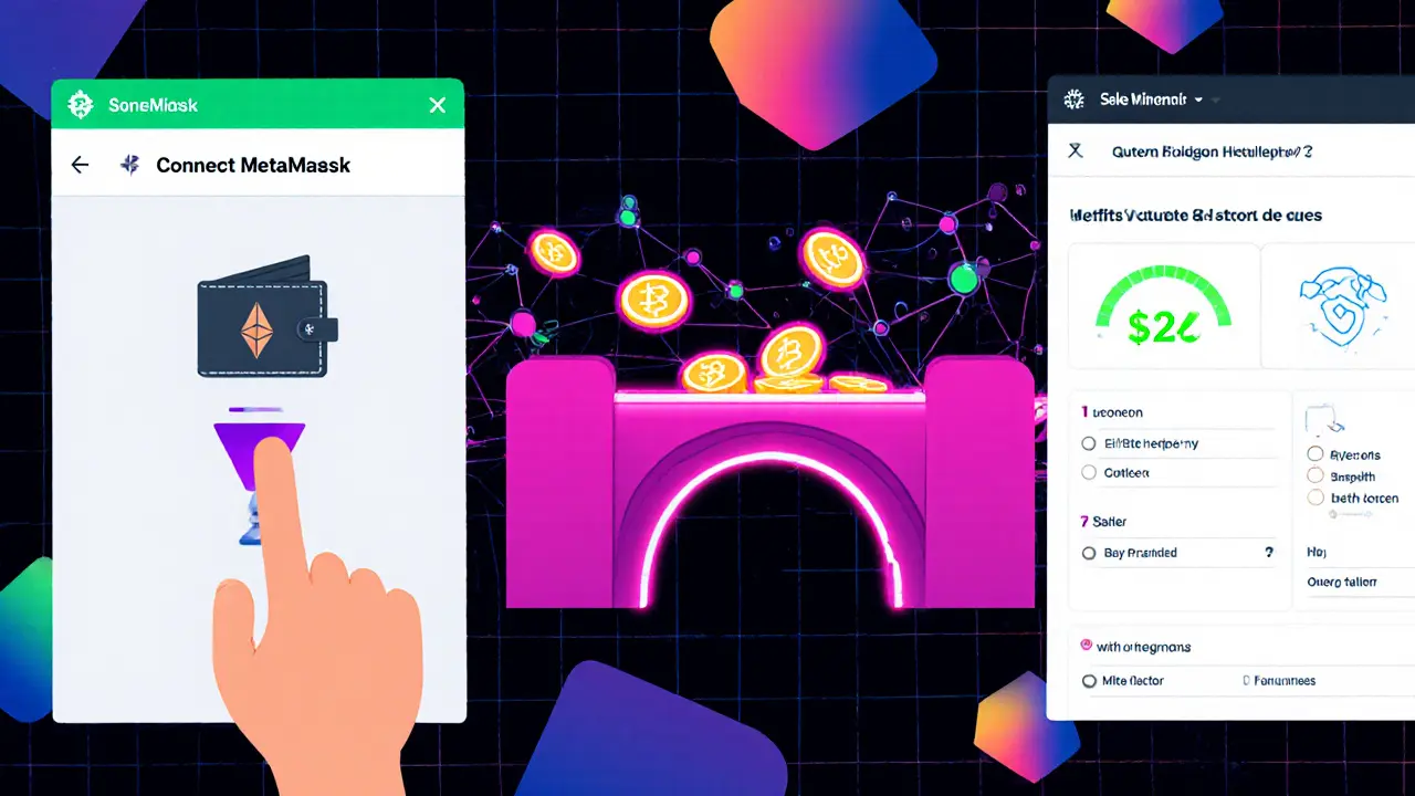 Processus de connexion MetaMask, pontage et dépôt de collatéral sur Sake Finance.