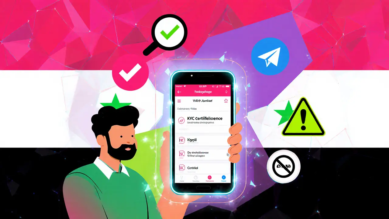 Entrepreneur avec application VASP certifiée, entouré d&#039;icônes de vérification et d&#039;avertissements.