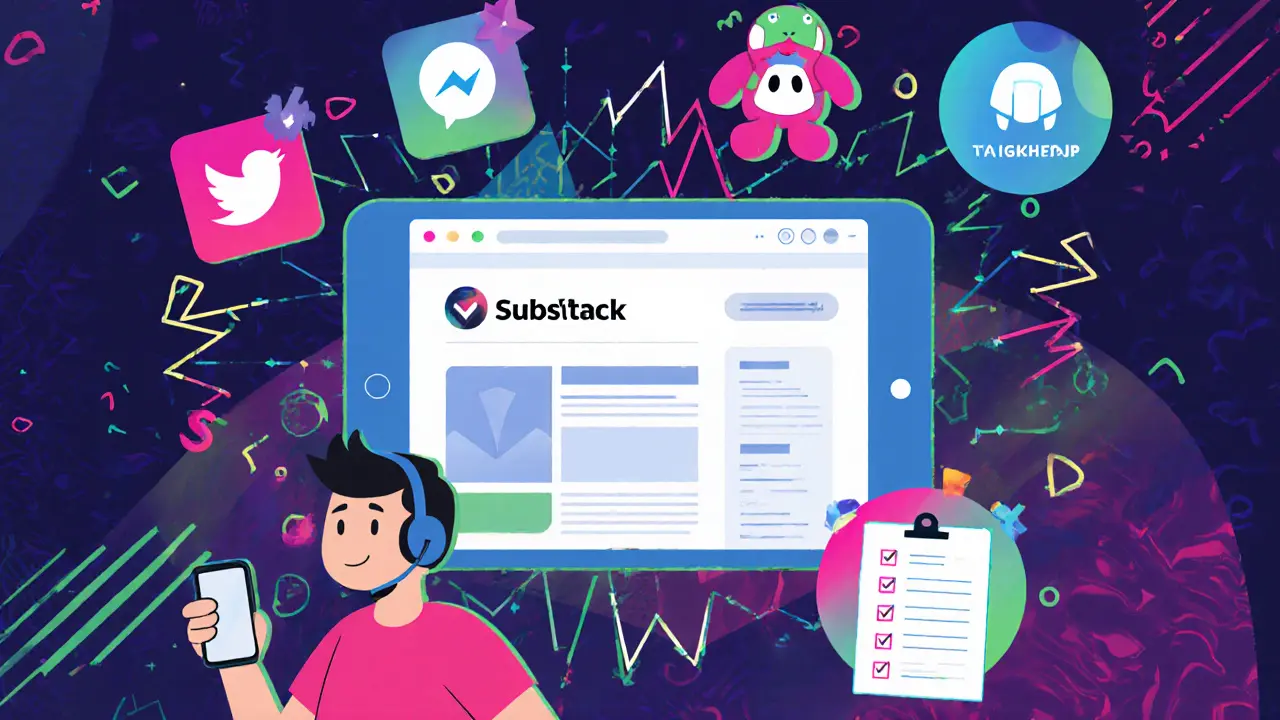 Illustration des étapes d&#039;inscription : Substack, réseaux sociaux, Discord et vérification.
