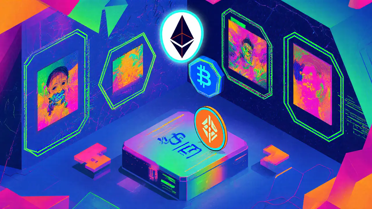 Interface Memphis illustrant plateforme Showcase avec NFTs et logos Ethereum.