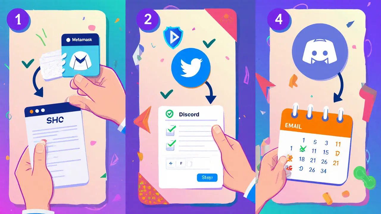 Série d’illustrations montrant les étapes de réclamation du airdrop SHO.