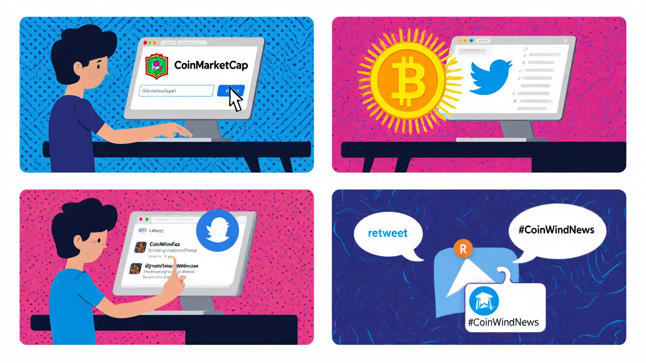 Avatar utilise ordinateur pour s&#039;inscrire, ajouter le token à la watchlist, retweeter et rejoindre Telegram.