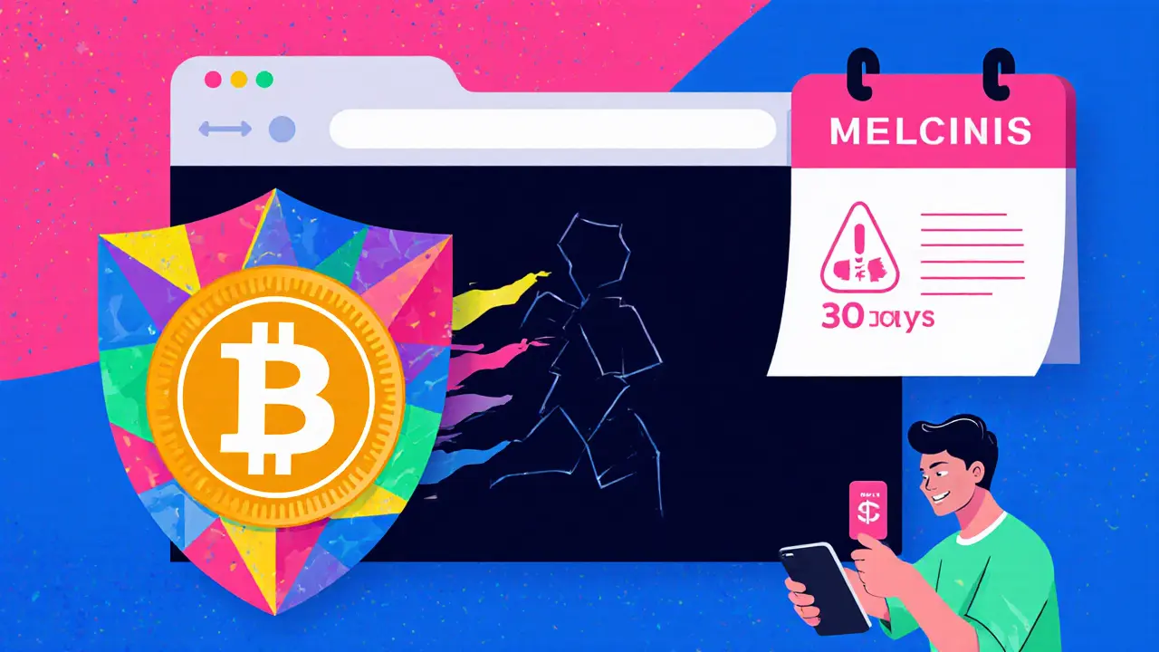 Bouclier coloré protégeant un token BEP‑20, avec site de phishing en arrière‑plan et calendrier de 30 jours.