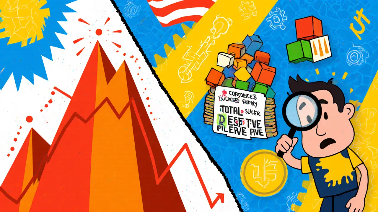 Cartoon chart showing HOTCROSS price crash beside a trader examining token supply blocks.