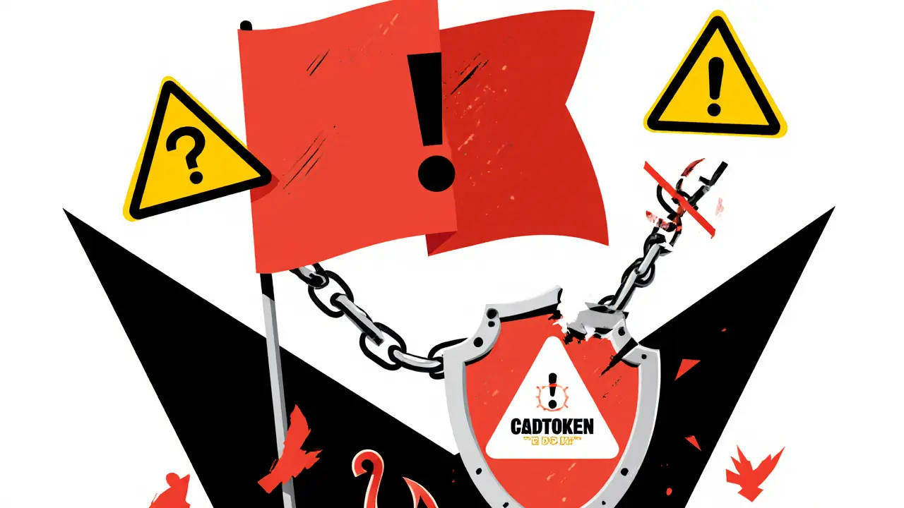Illustration cartoon Memphis d'avertissement : drapeaux rouges, cadenas brisé et bouclier symbolisant les risques d'un airdrop.