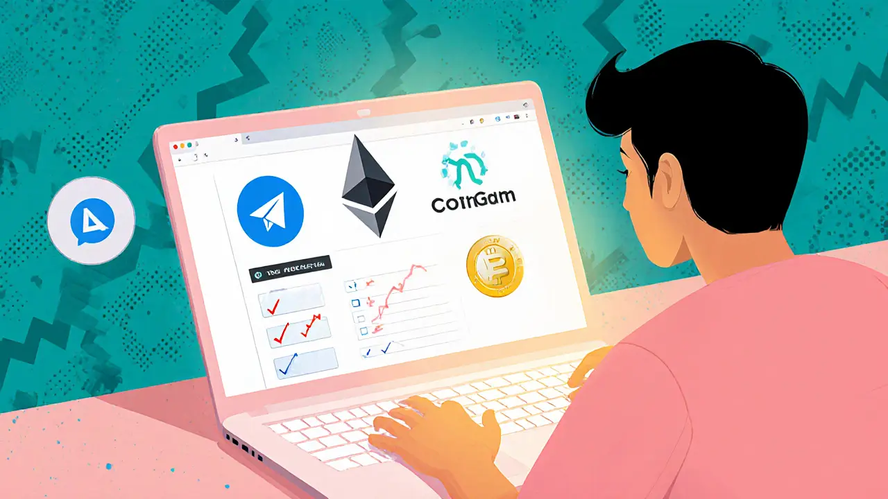 Scène cartoon Memphis montrant un utilisateur vérifiant un airdrop avec laptop, icônes CoinGecko, Etherscan et checklist.