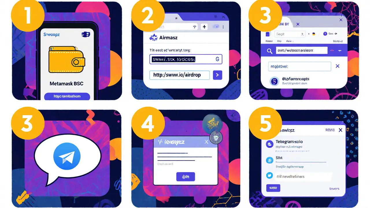 Storyboard en six panneaux montrant les étapes du portefeuille BSC, formulaire, URL, Telegram, retweet et email de confirmation.