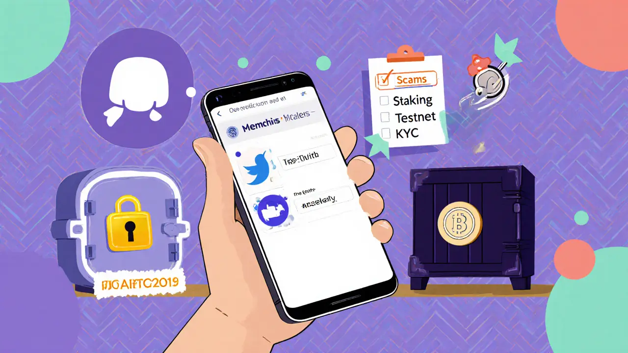 User holding a phone with Discord/Twitter symbols, wallet icon, and safe vault in Memphis design.