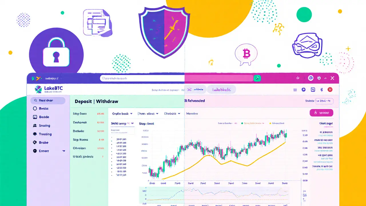Écran partagé montrant l'interface basique et avancée de LakeBTC avec icônes de sécurité comme le bouclier 2FA et le hardware wallet.