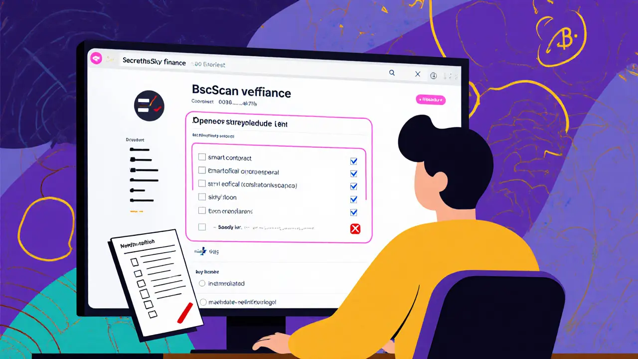 Illustration d’un utilisateur vérifiant le contrat intelligent et les risques d’un airdrop.