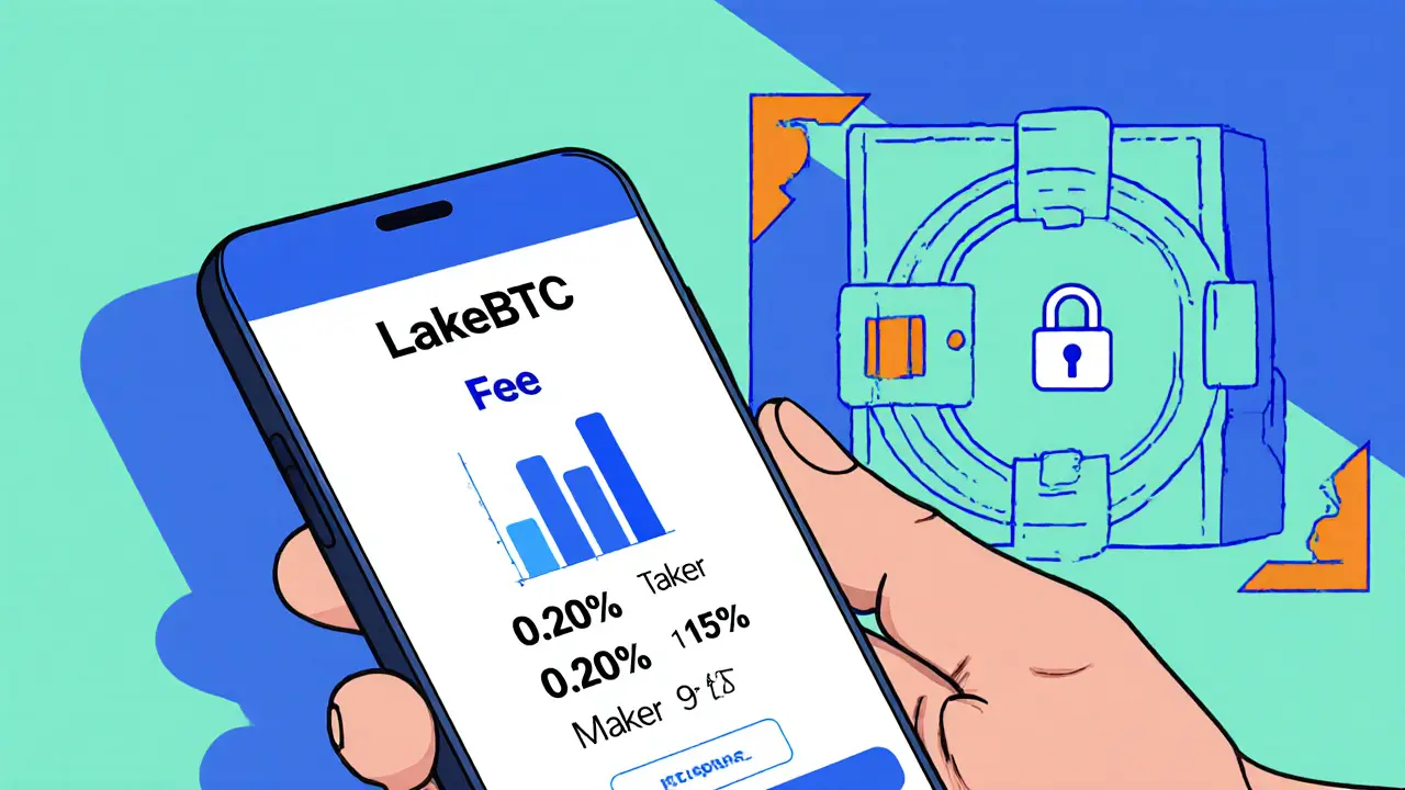 Main tenant un smartphone affichant les frais et la sécurité 2FA de LakeBTC, décor Memphis.