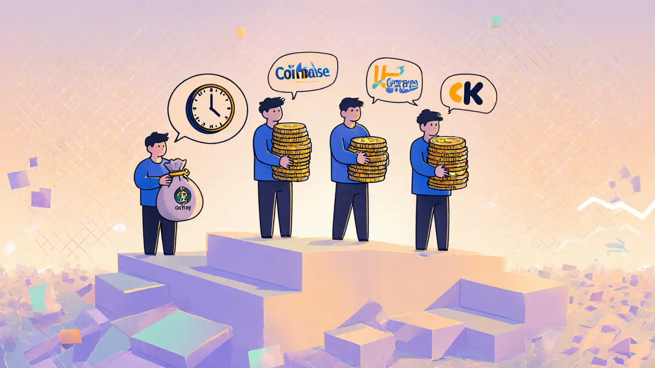 Personnages représentant LakeBTC et ses concurrents, illustrant les différences de frais et de support, style Memphis.