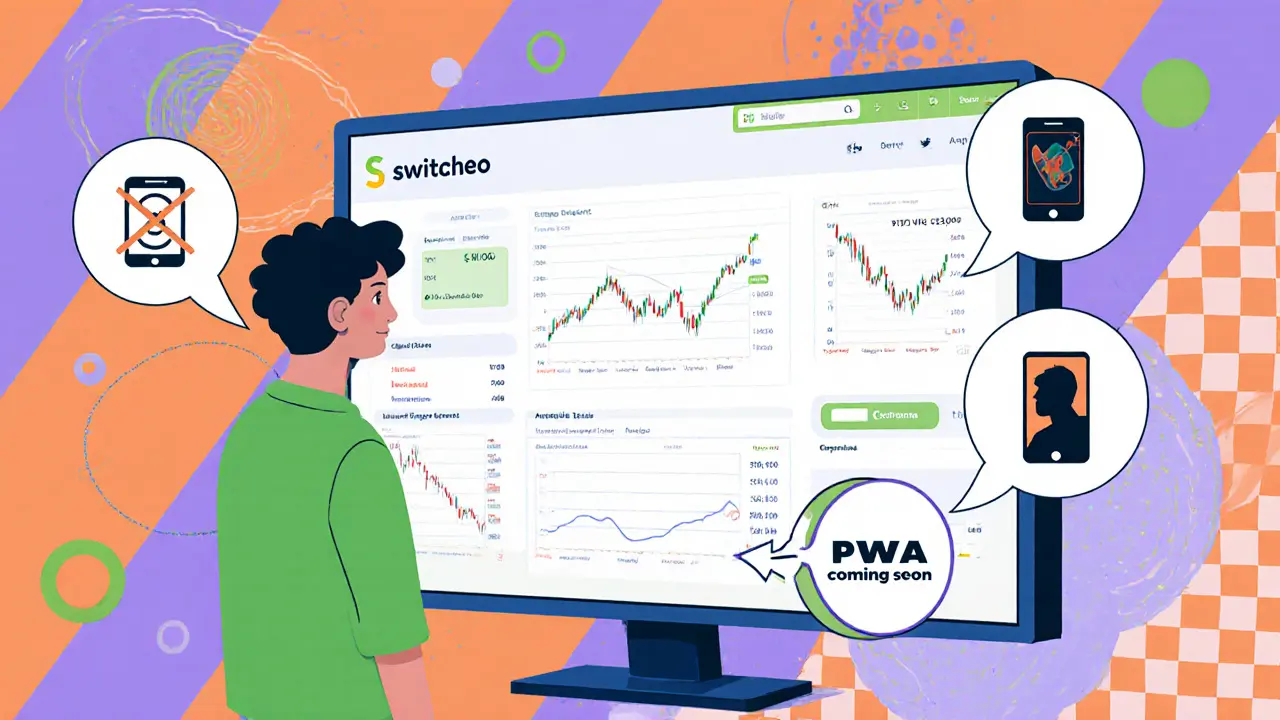 Trader devant l'interface Switcheo, token SWTH affiché, icône mobile barrée et flèche vers future application.