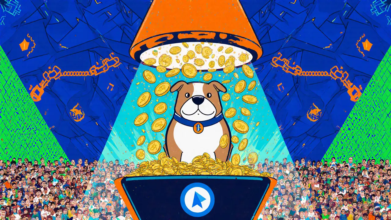 Chien cartoon de Telegram fait tomber des tokens dorés durant un airdrop.