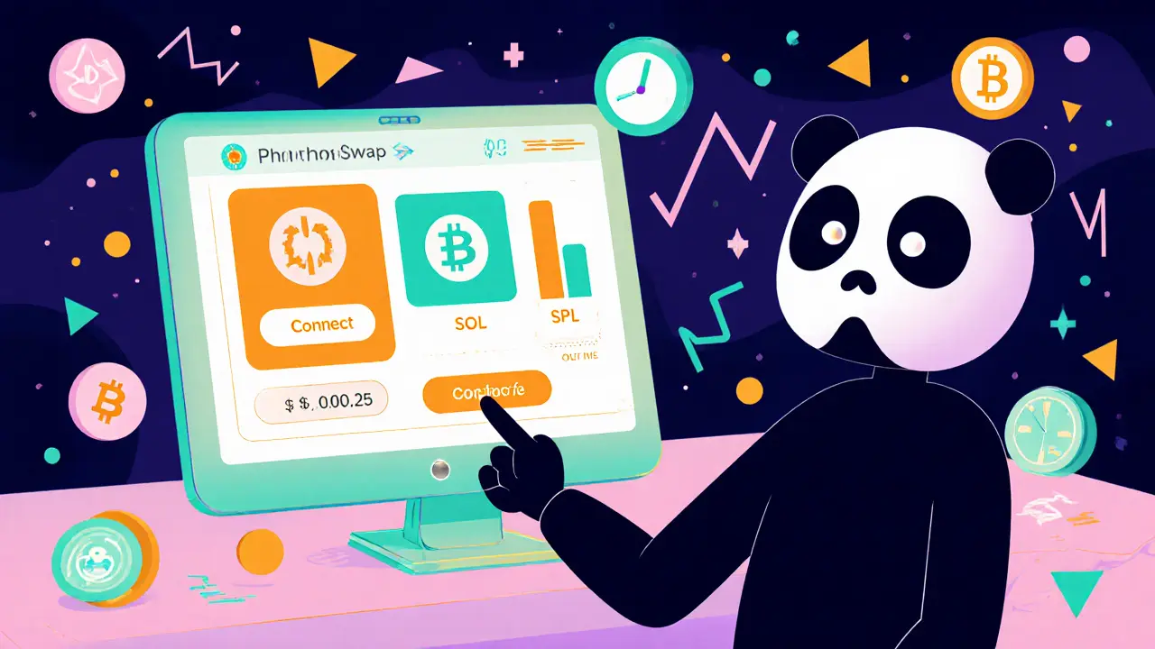 Dessine un utilisateur connectant un portefeuille Phantom à une interface de swap rapide, style cartoon Memphis.