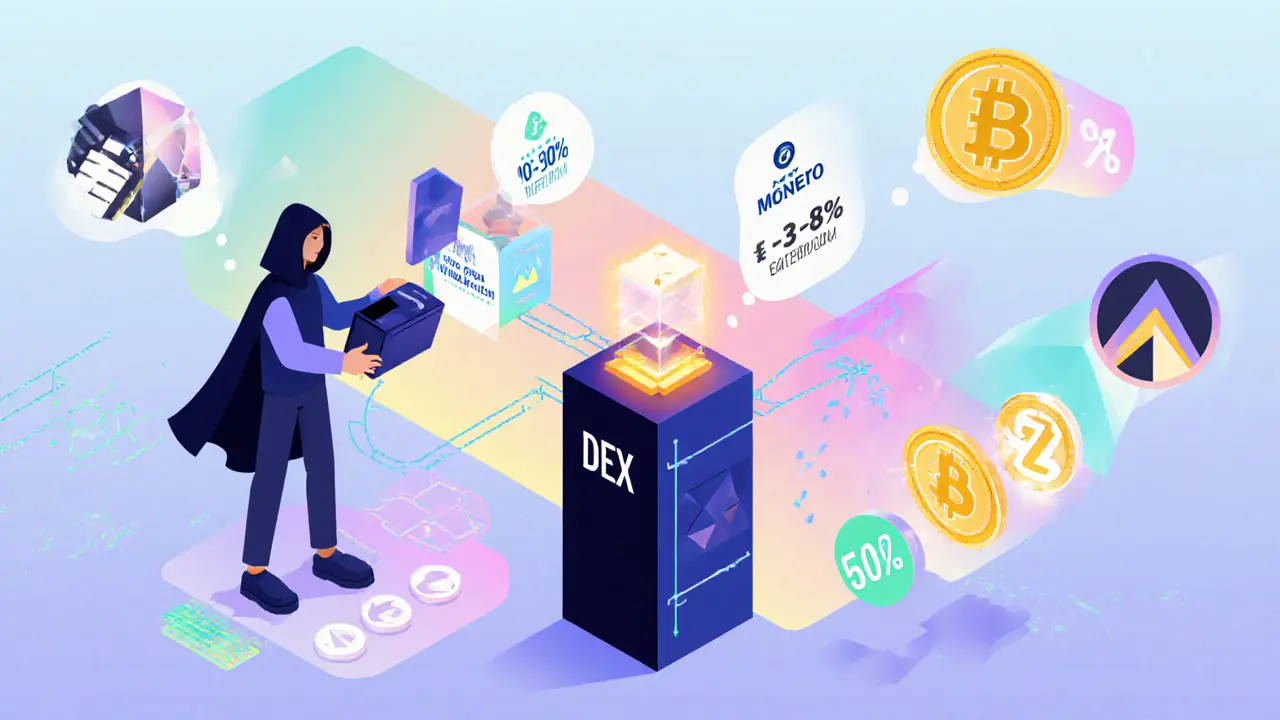 Diagramme cartoon du calcul des primes avec DEX, risques et cryptomonnaies anonymes.
