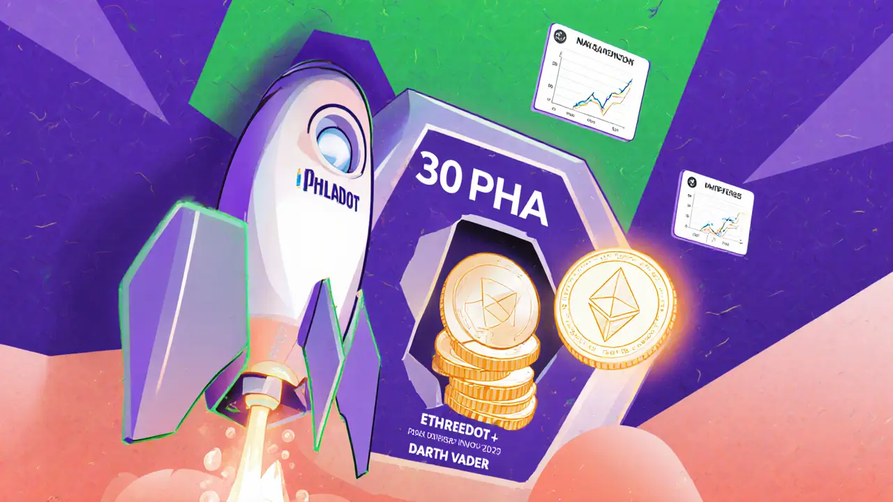 Fusée "Darth Vader" lançant les tokens PHA vers un roll‑up Ethereum, avec icône de prix en hausse.