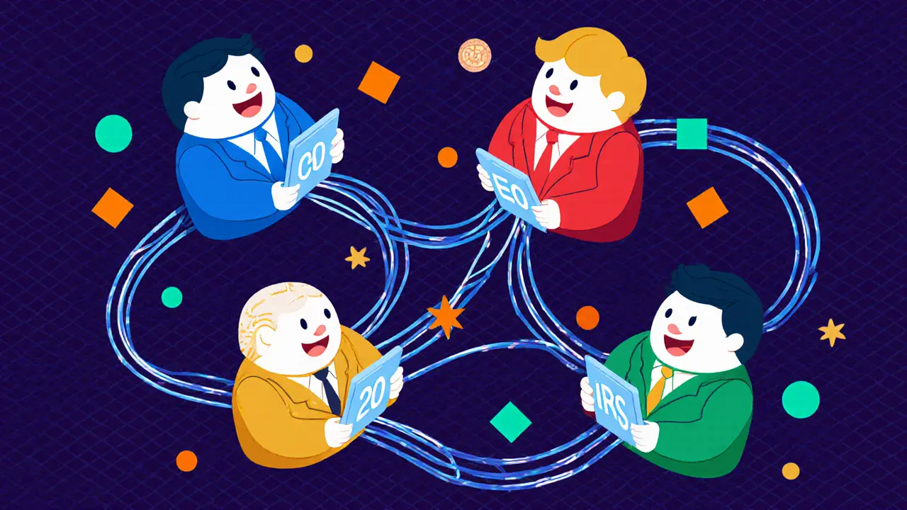Illustration montrant l'OCDE, le G20, l'UE et l'IRS échangeant des données fiscales crypto.