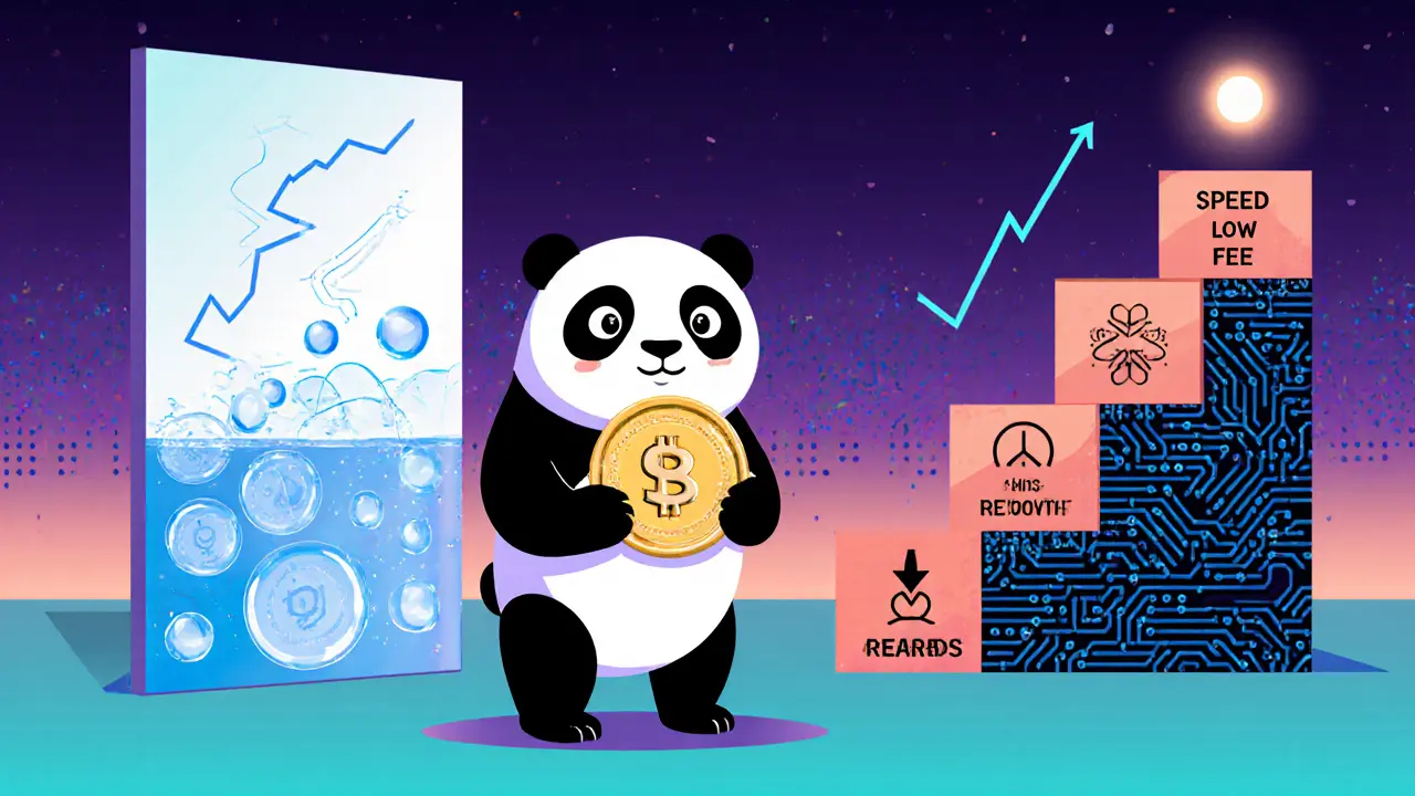Panda tenant le token $PANDA, avec liquidité limitée et perspectives de croissance, style Memphis.
