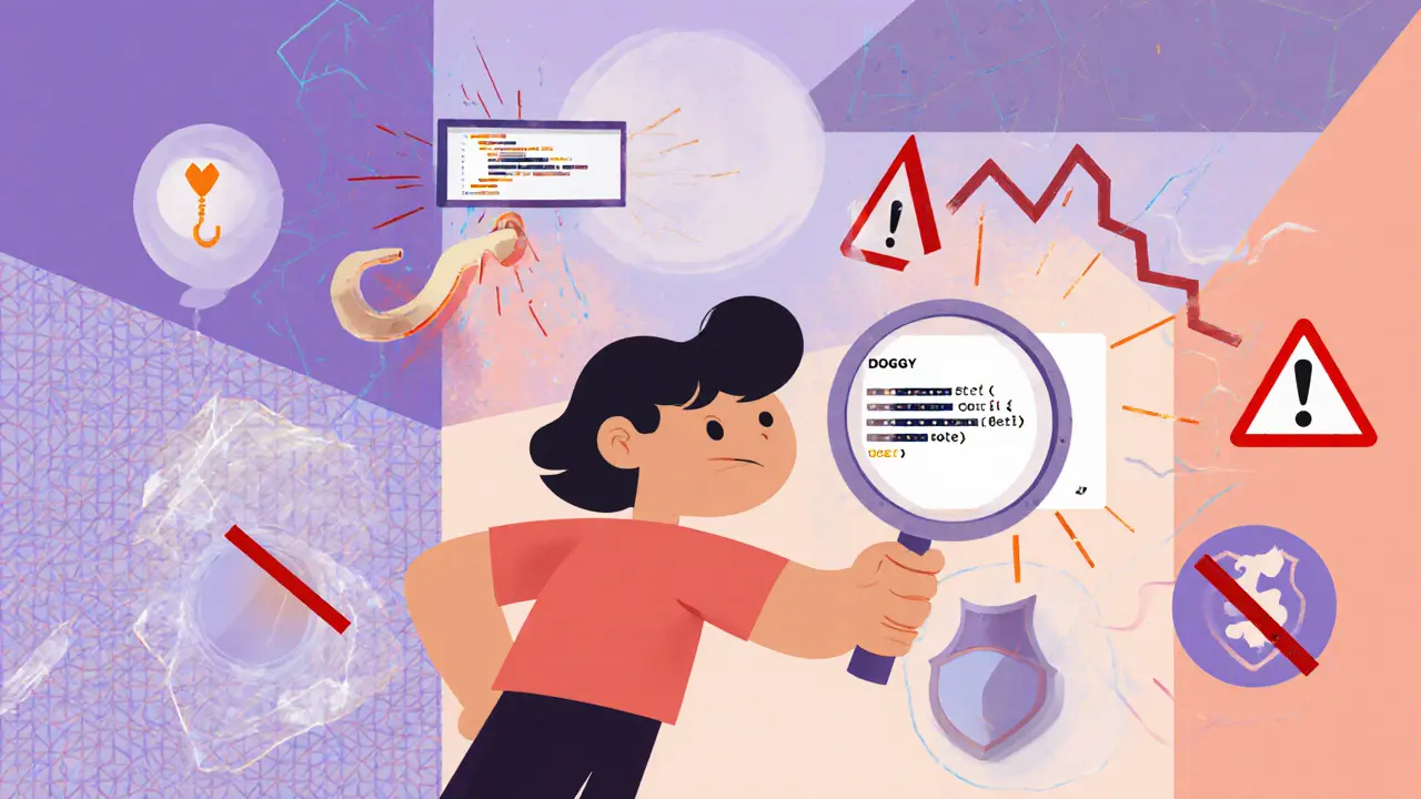 Personnage examine un contrat intelligent, repoussant des pièges de phishing.