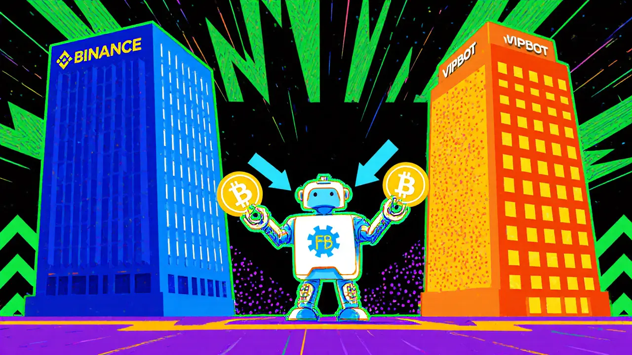 Robot ViBOT échange des pièces entre les tours stylisées de Binance et Upbit.