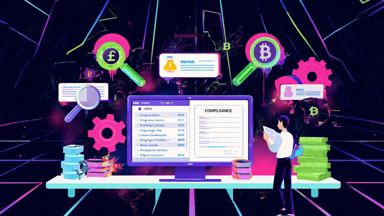 Scène cartoon d'une plateforme crypto confrontée aux exigences de conformité CARF.