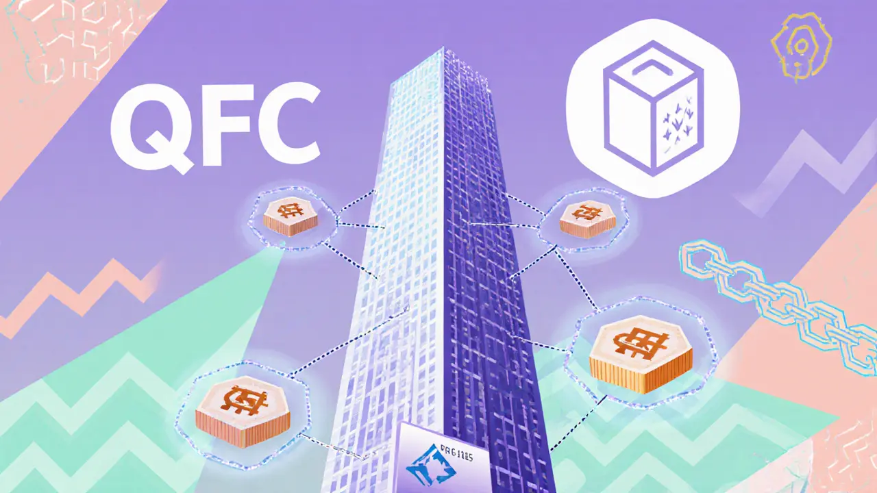 Tokenisation d’un immeuble au Qatar avec des jetons numériques autour du bâtiment.
