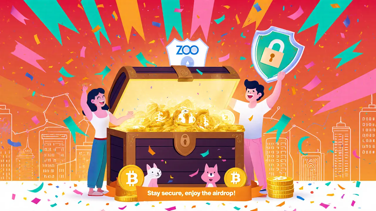 Utilisateur célébrant un airdrop avec coffre plein de tokens ZOO et NFT, entouré d’icônes de sécurité.