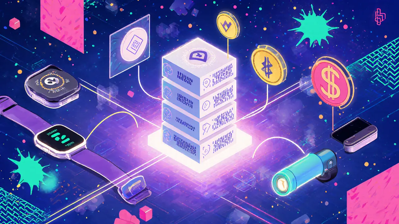 Appareils IoMT envoyant des données vers un registre blockchain avec des blocs et des motifs Memphis.