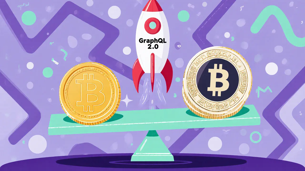 Balance avec une petite pièce GRT d'un côté et de grandes pièces ARB/OP de l'autre, fusée GraphQL 2.0.