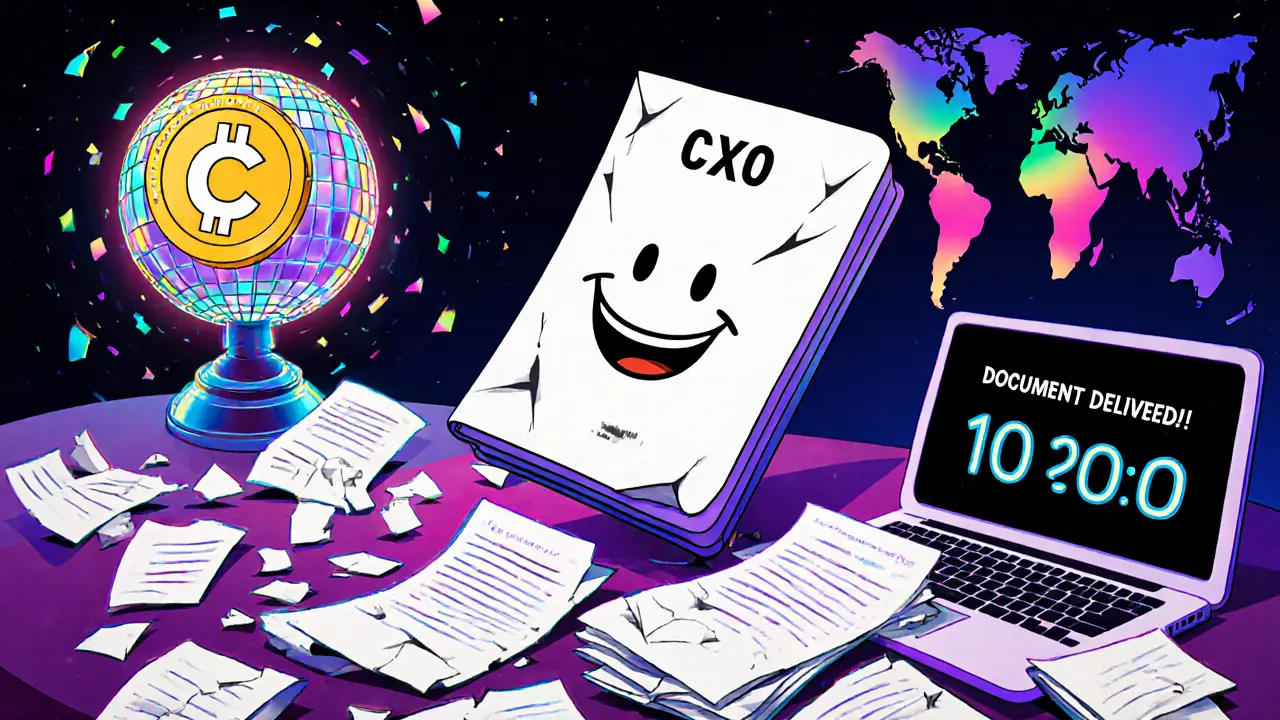 Bureau où des papiers s&#039;effondrent tandis qu&#039;un contrat intelligent géant projette des lumières arc-en-ciel.